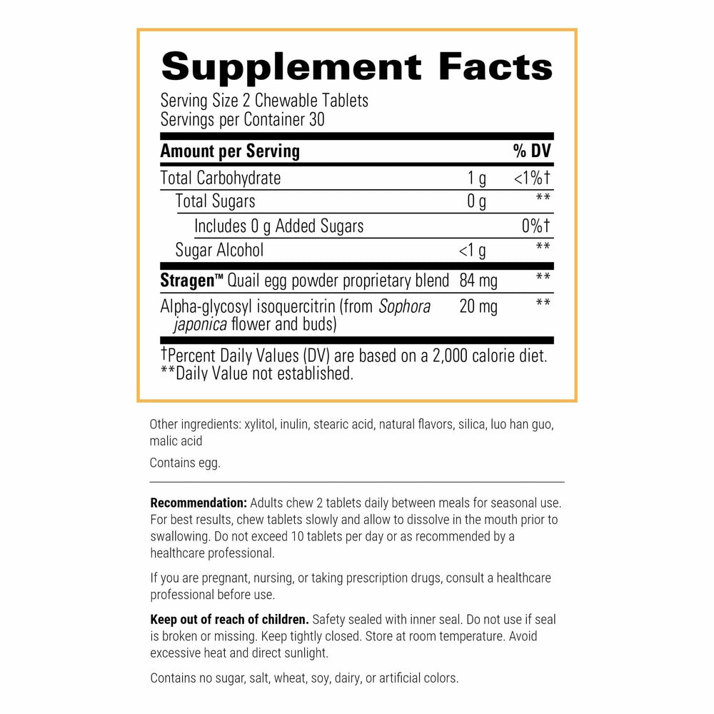 AllQlear bottle back label highlighting quail egg powder and allergen-free formula