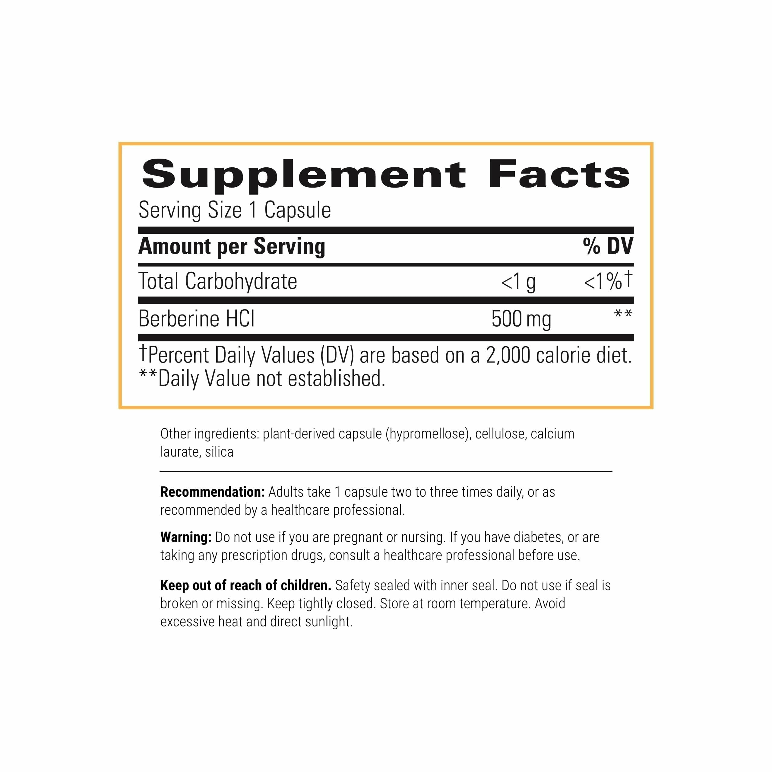 Berberine capsules close-up showing dairy-free and gluten-free formulation