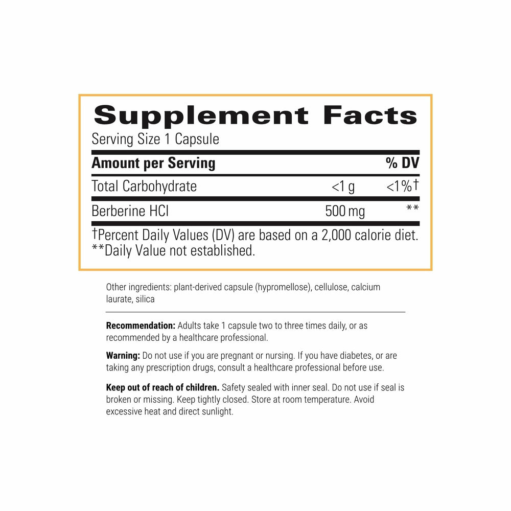 Berberine capsules close-up showing dairy-free and gluten-free formulation