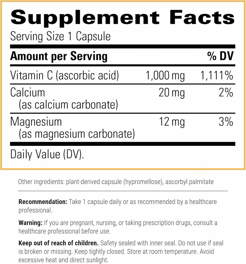 Integrative Therapeutics Buffered Vitamin C bottle back shows 1,000 mg per capsule for antioxidant support