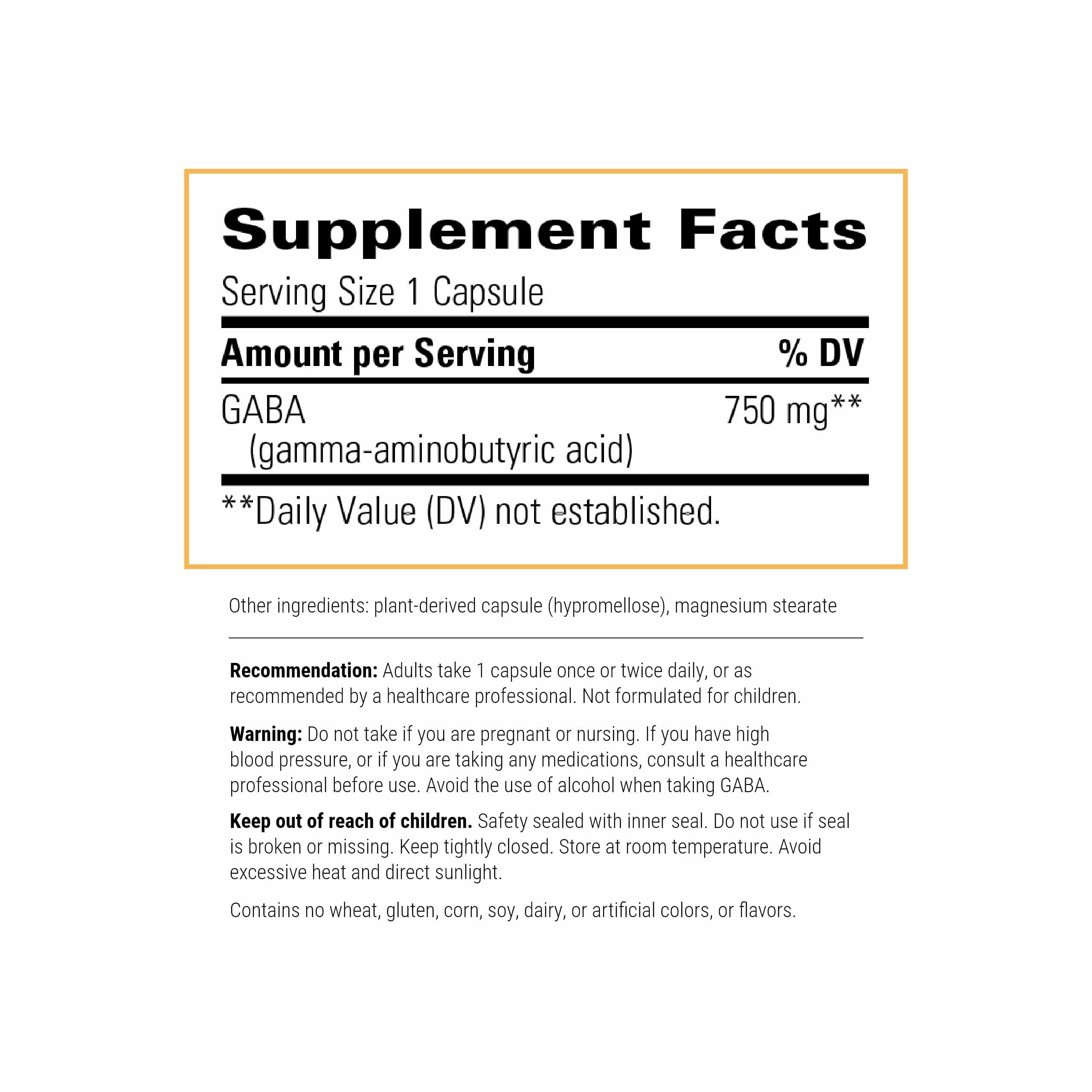 Front label view of Integrative Therapeutics GABA, dairy-free formula, supports neurochemical balance.