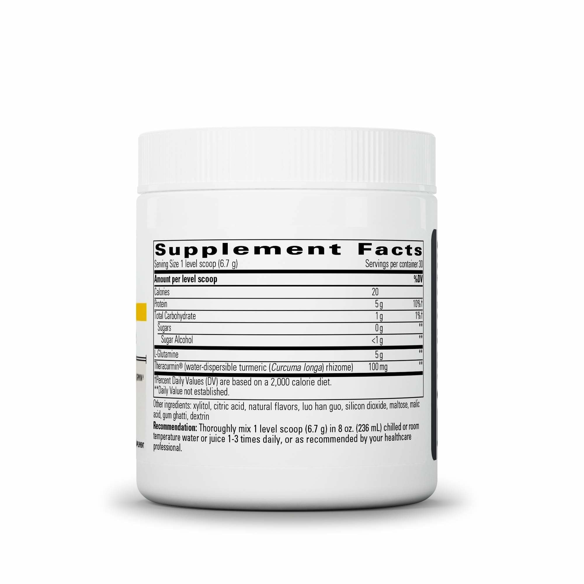 Integrative Therapeutics Glutamine Forté lemon-lime powder dissolving for a refreshing gut health drink.