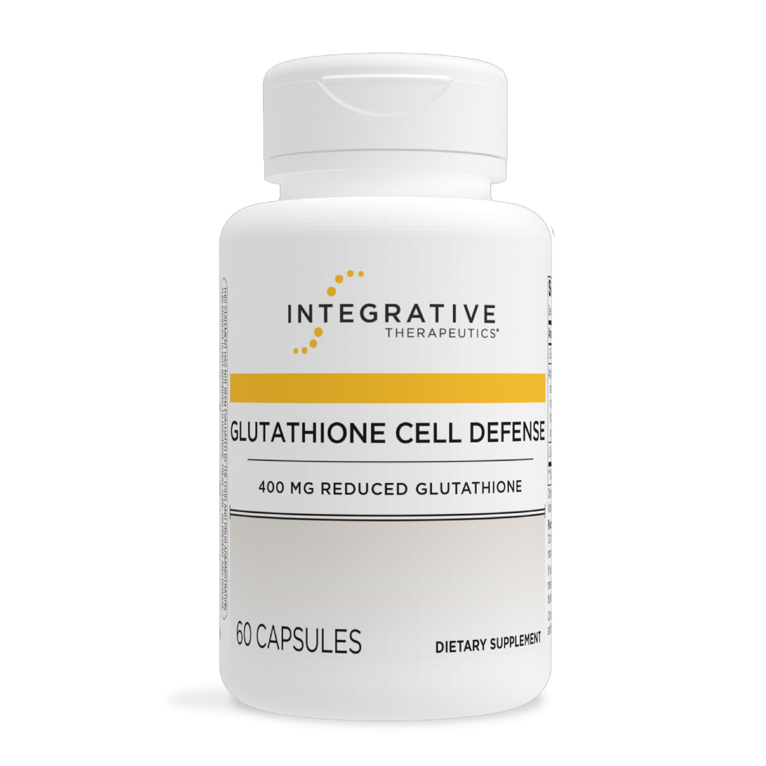 Integrative Therapeutics Glutathione Cell Defense bottle promotes daily wellness with a convenient capsule form.