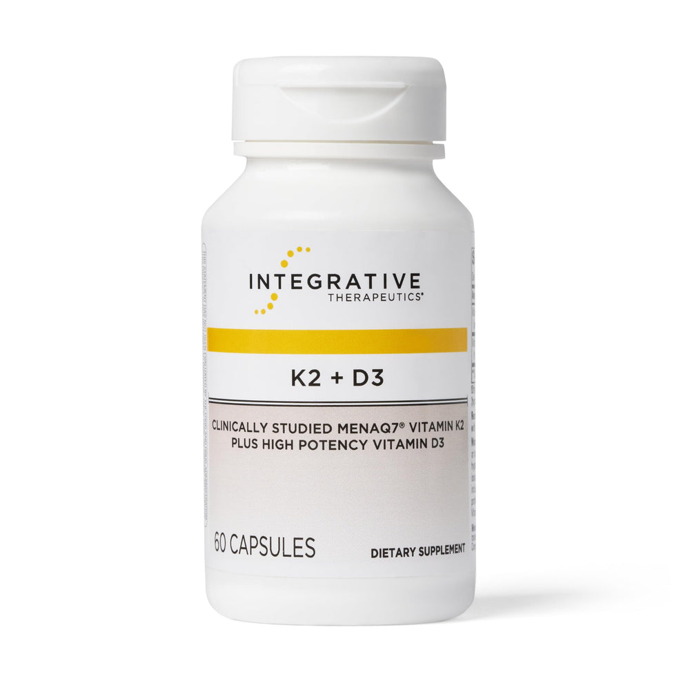 Integrative Therapeutics K2 + D3 bottle front showing dairy-free formulation for bone and heart support
