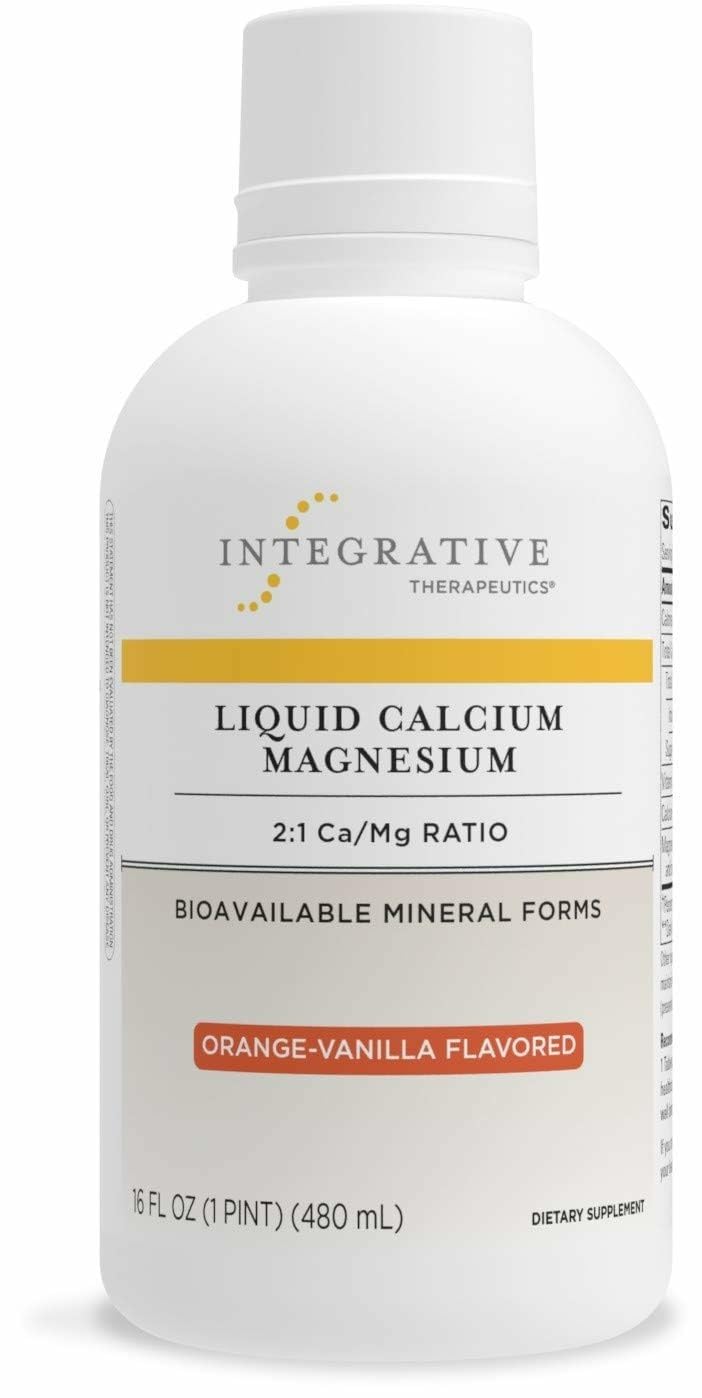 Integrative Therapeutics orange vanilla liquid calcium magnesium bottle for bone support.