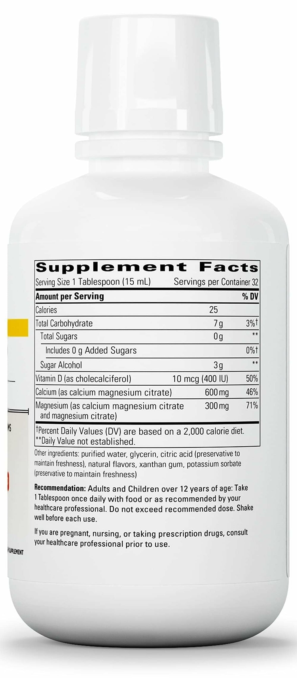 Pouring 15 ml daily dose of Integrative Therapeutics liquid calcium magnesium.