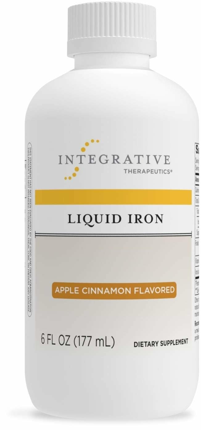 Integrative Therapeutics Liquid Iron bottle on a shelf showing convenient gluten-free iron support