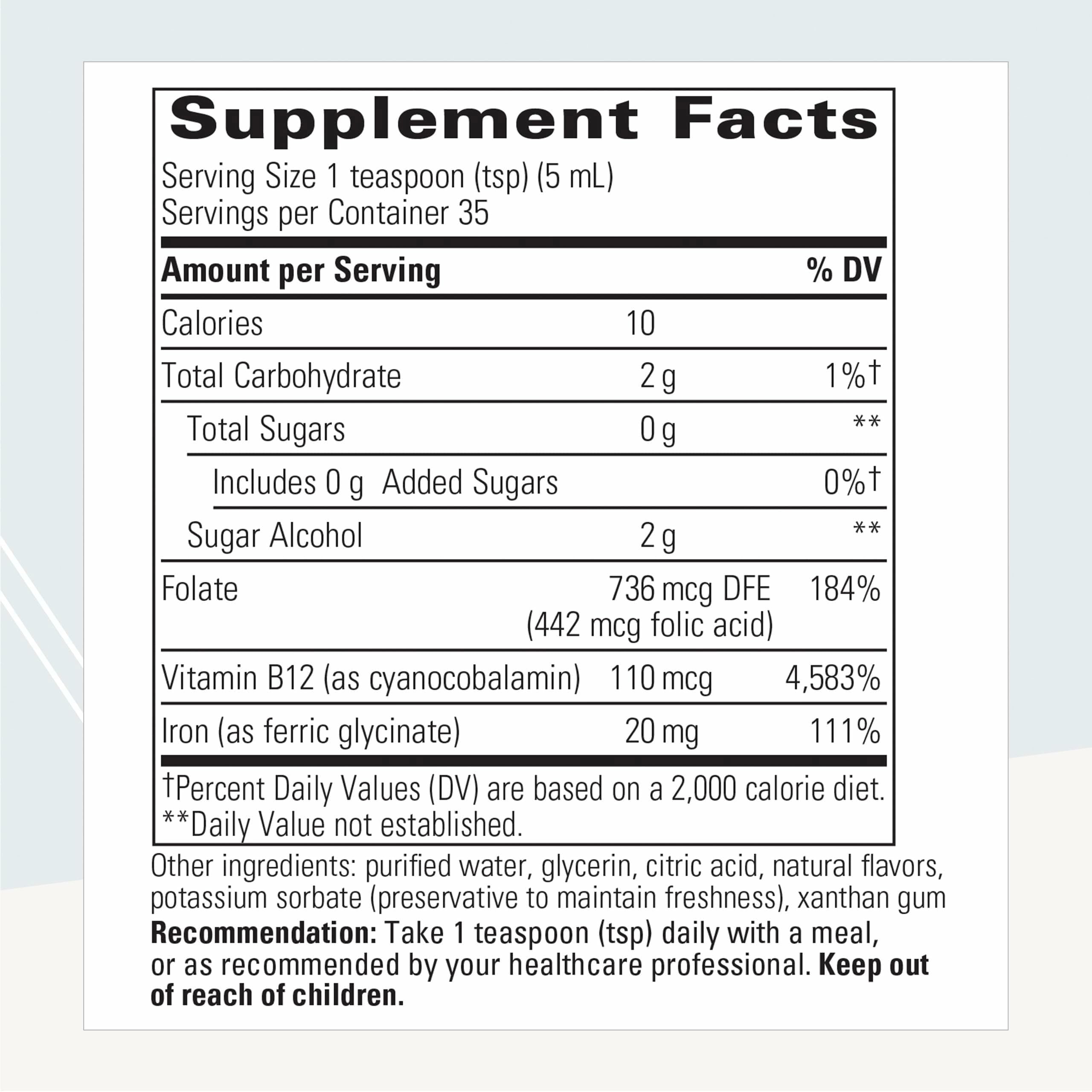 Pouring a measured dose from Integrative Therapeutics Liquid Iron into a glass for daily energy support