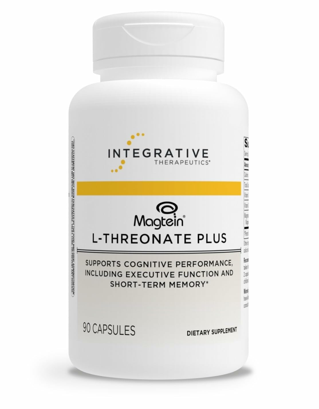 Integrative Therapeutics Magtein L-Threonate Plus bottle showing 90 capsules for daily brain support.