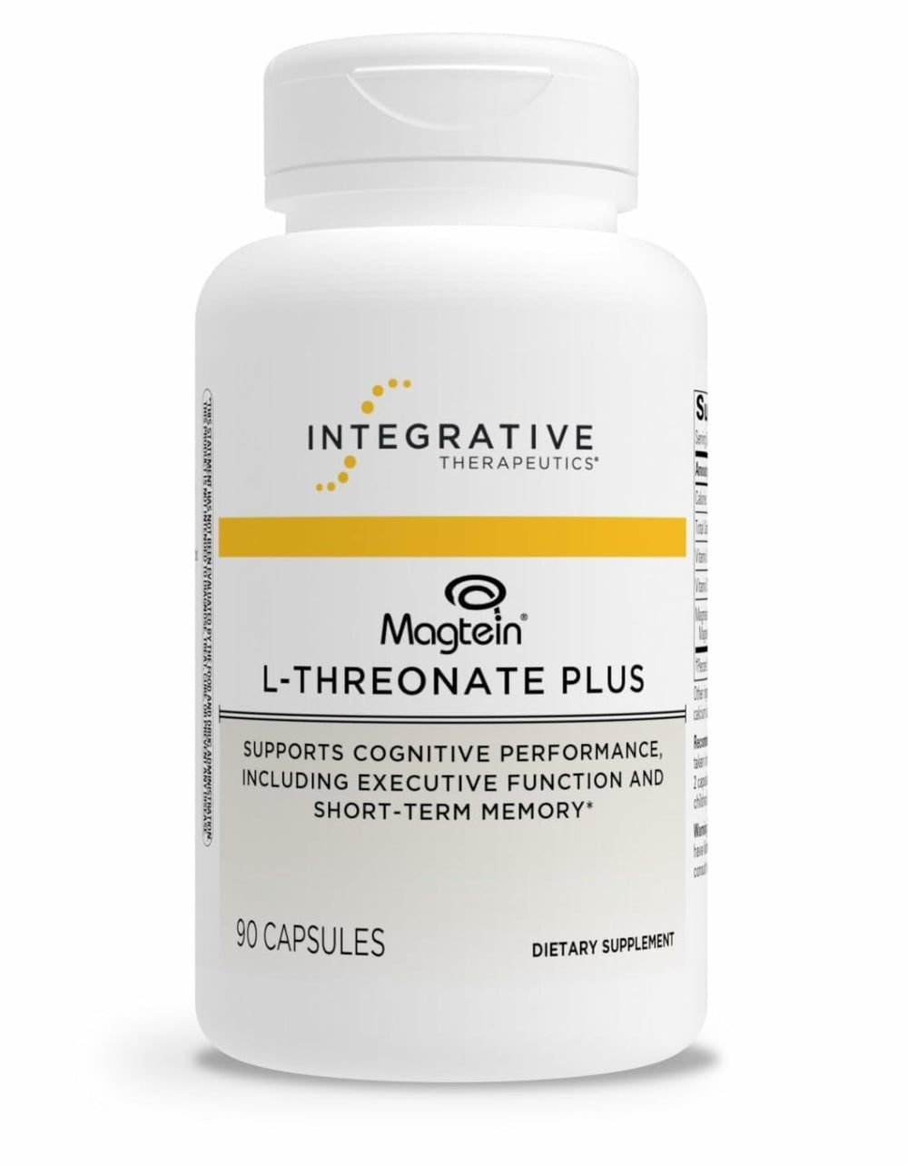 Integrative Therapeutics Magtein L-Threonate Plus bottle showing 90 capsules for daily brain support.