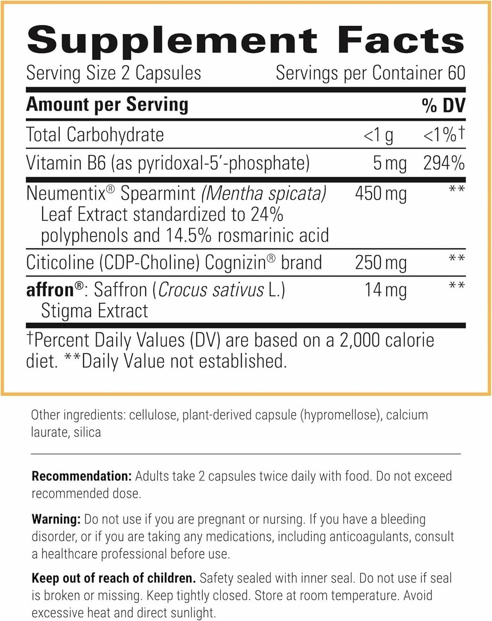 Neurologix label with ingredients detailing non-stimulant features