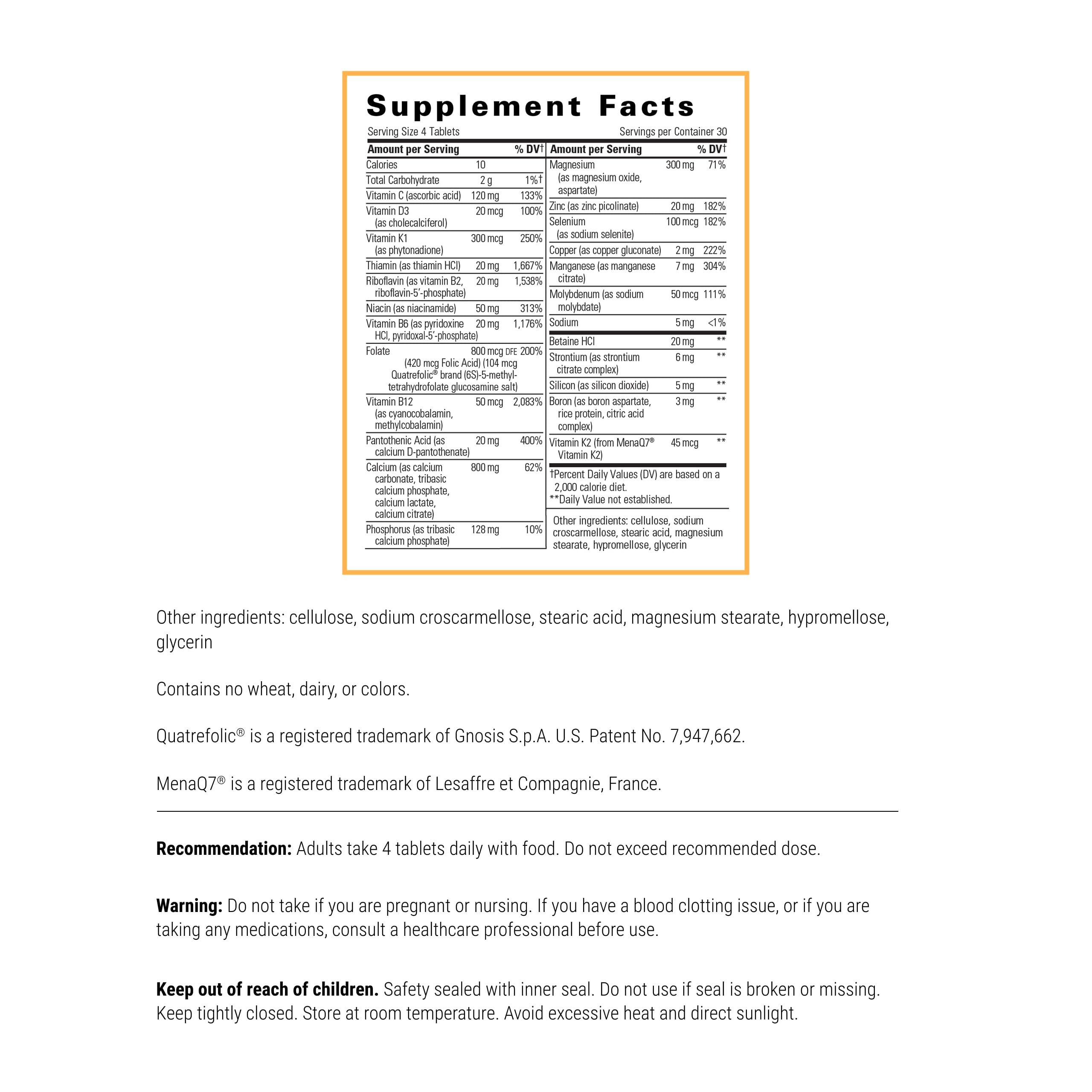 Integrative Therapeutics OsteoPrime Ultra bottle back showing ingredients and daily dosage for calcium absorption