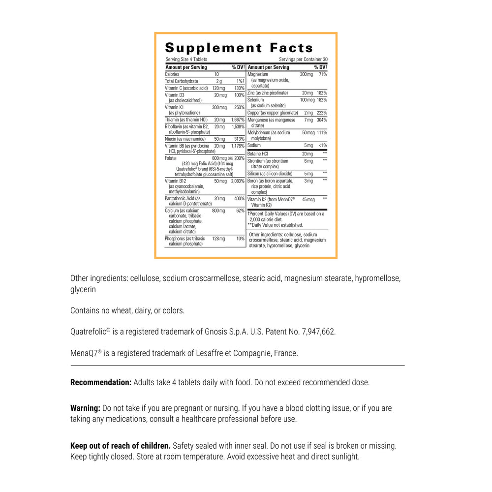 Integrative Therapeutics OsteoPrime Ultra bottle back showing ingredients and daily dosage for calcium absorption