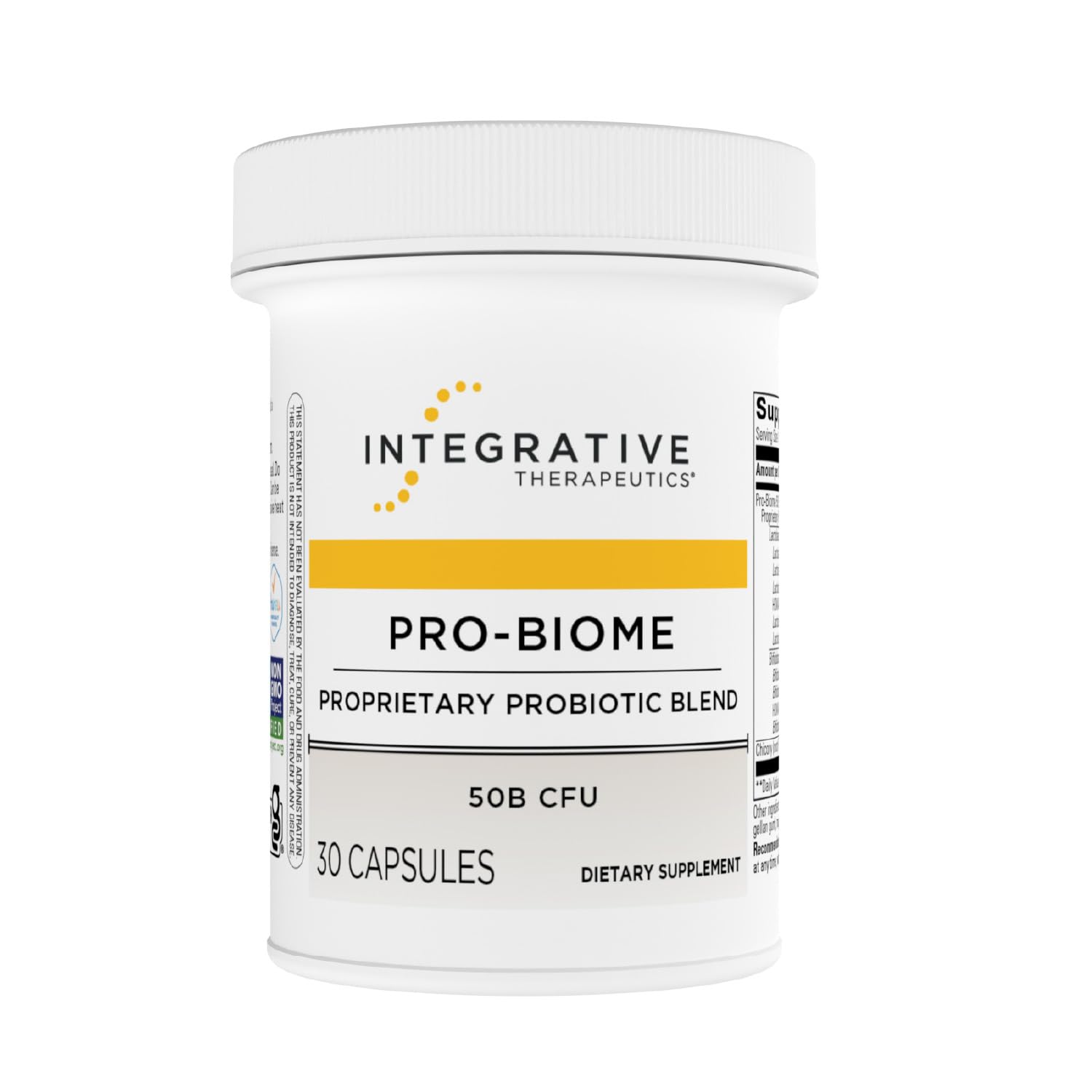Integrative Therapeutics Pro-Biome bottle label shows 50 billion cultures for digestive support