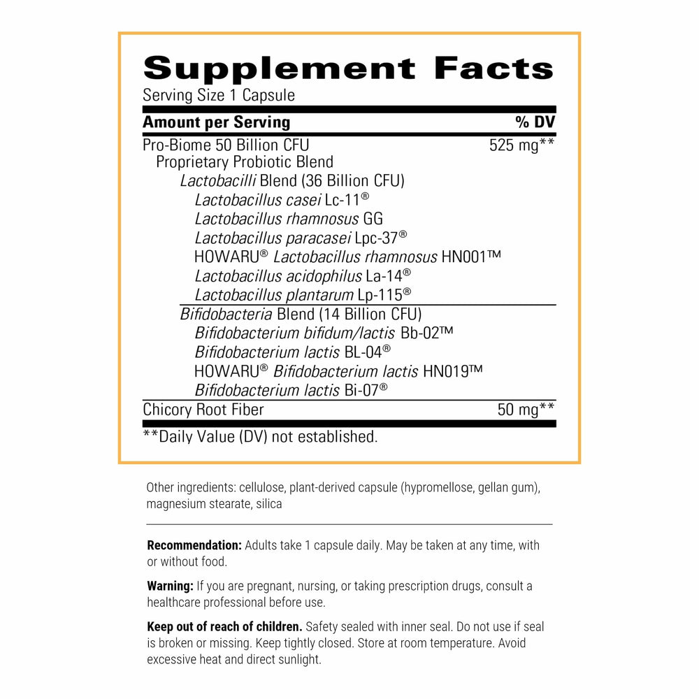 Integrative Therapeutics Pro-Biome capsules close-up highlights dairy-free and gluten-free formula