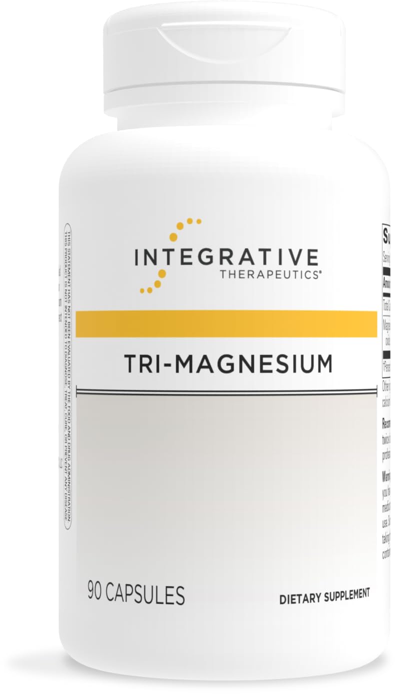 Integrative Therapeutics Tri-Magnesium bottle showing dairy-free and gluten-free formula for daily support