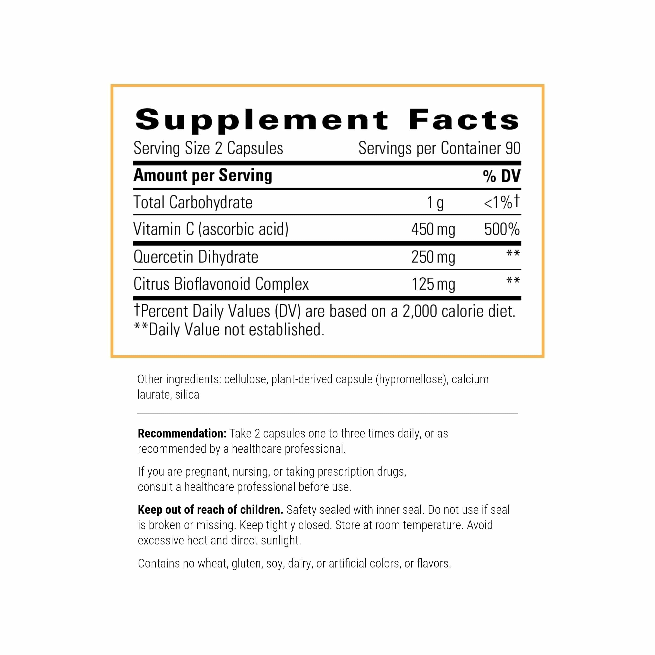 Close-up of Integrative Therapeutics Vitamin C with Quercetin capsules for daily use