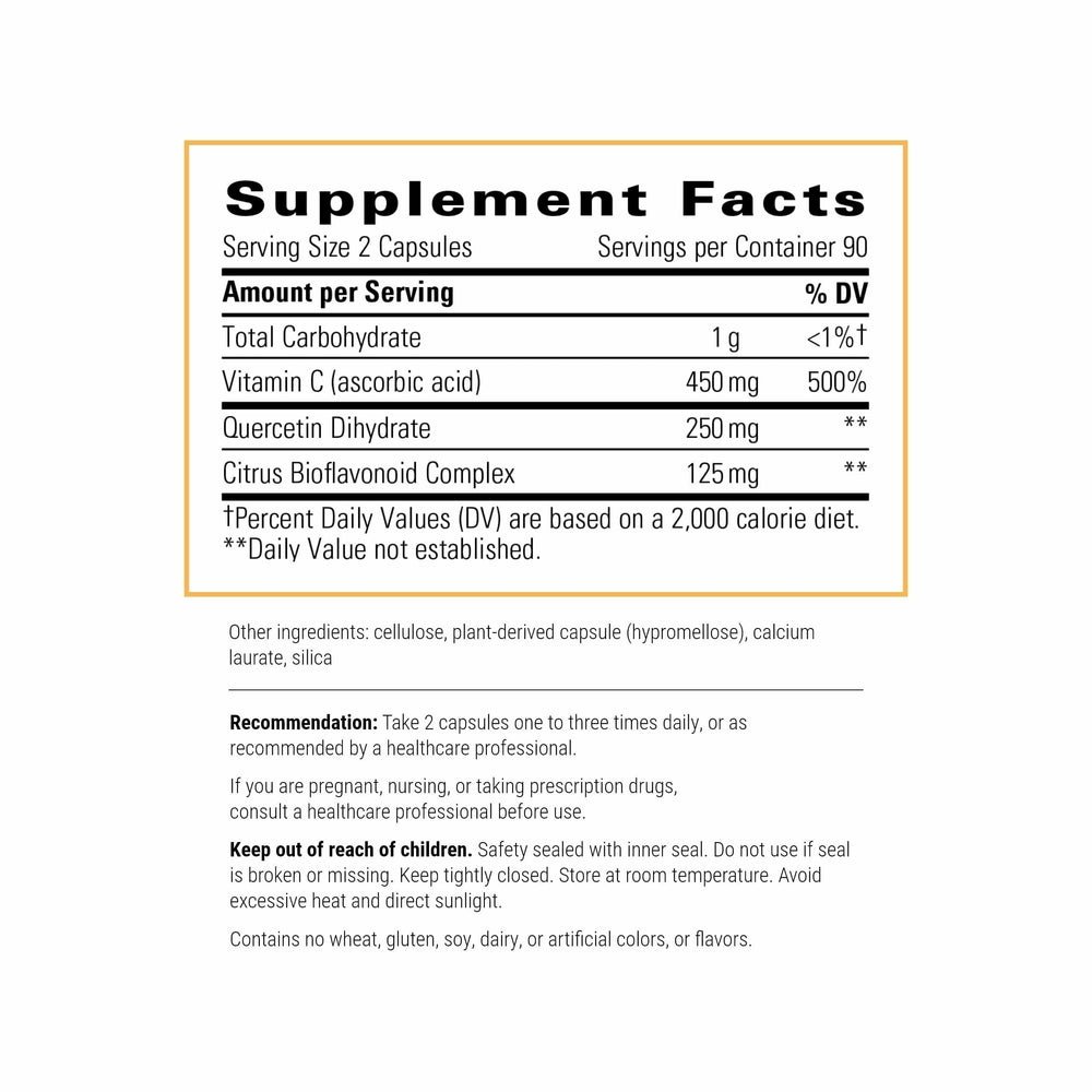 Close-up of Integrative Therapeutics Vitamin C with Quercetin capsules for daily use