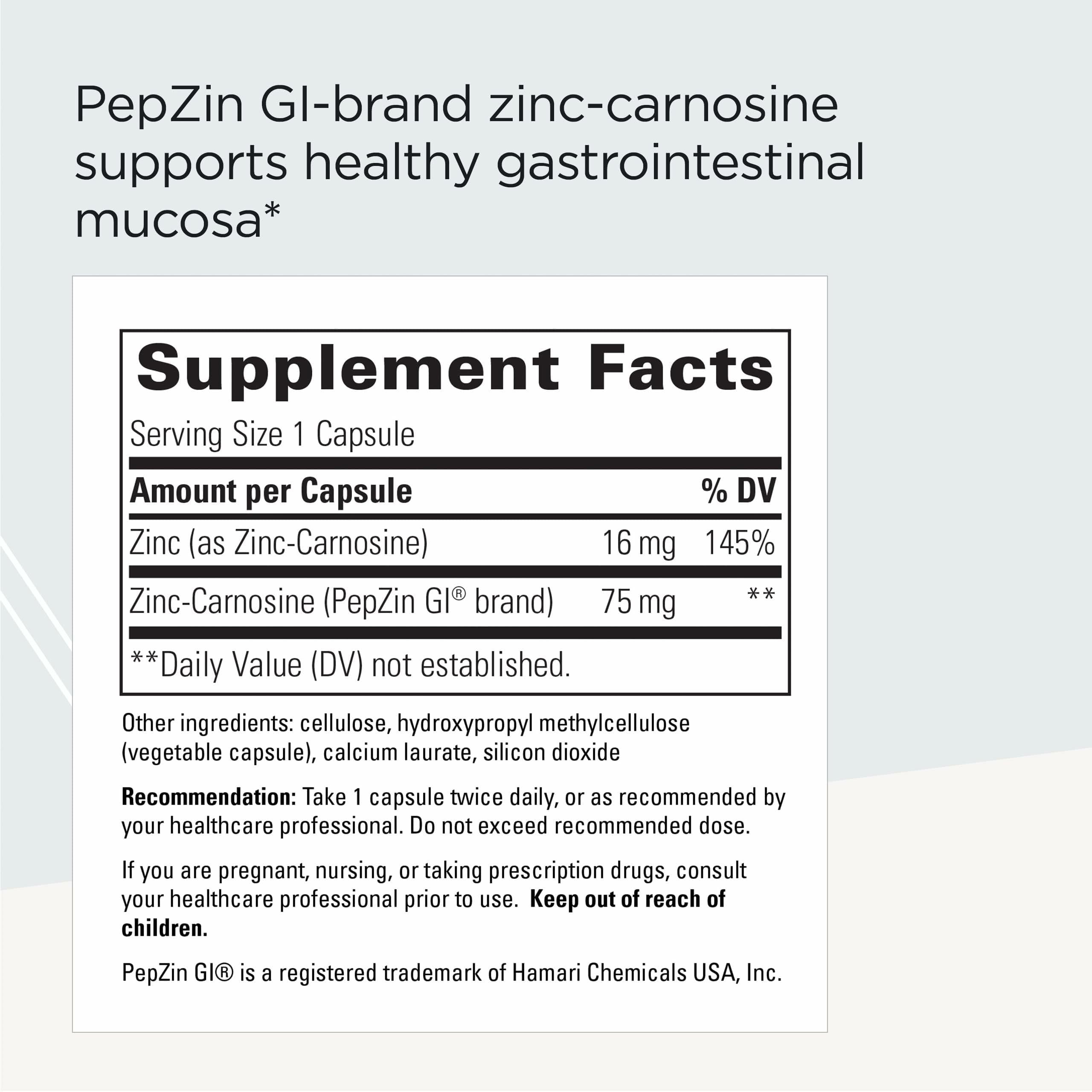 Integrative Therapeutics Zinc-Carnosine capsules offer convenient digestive support.