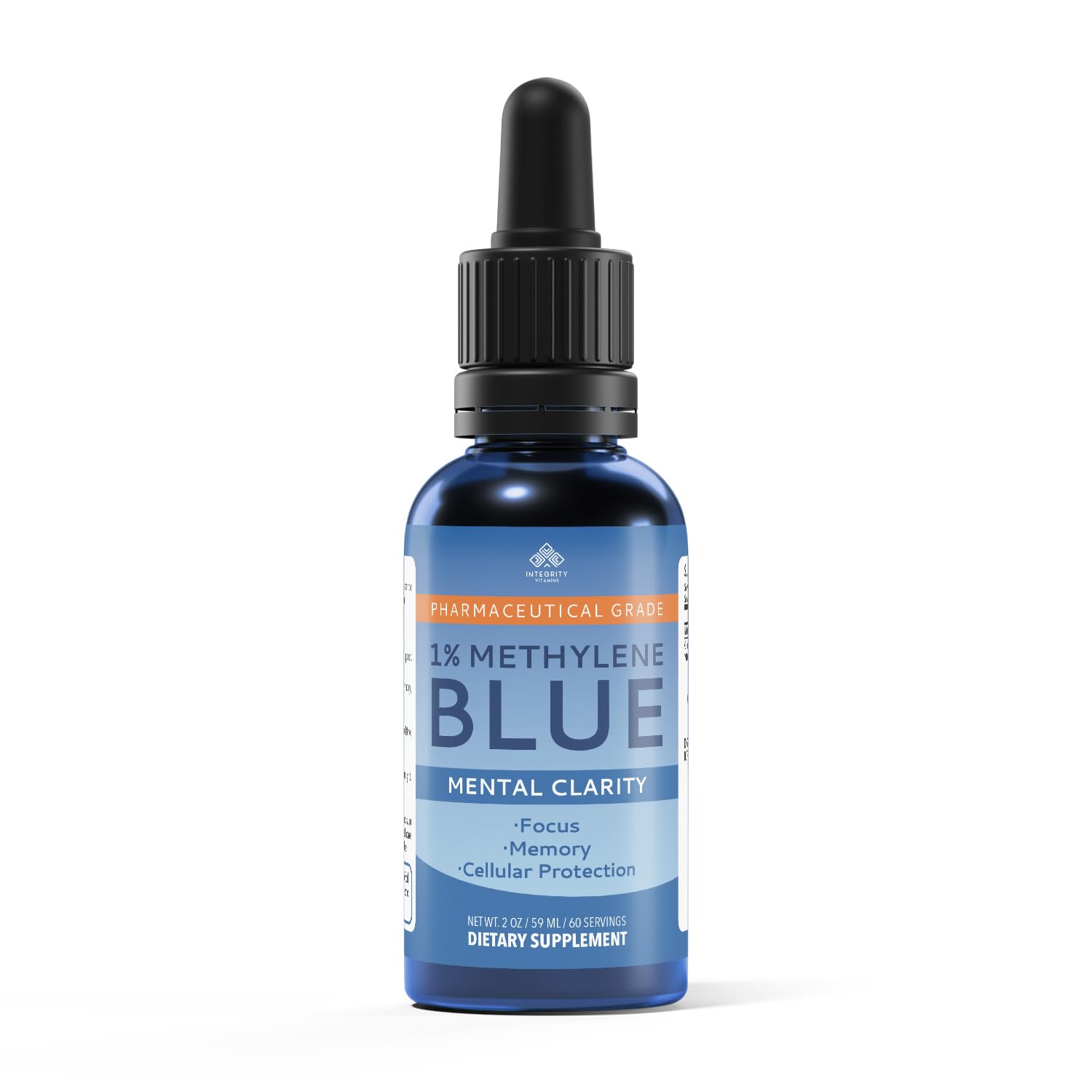 Integrity Vitamins Methylene Blue Drops bottle with clear label for precise research dosing.