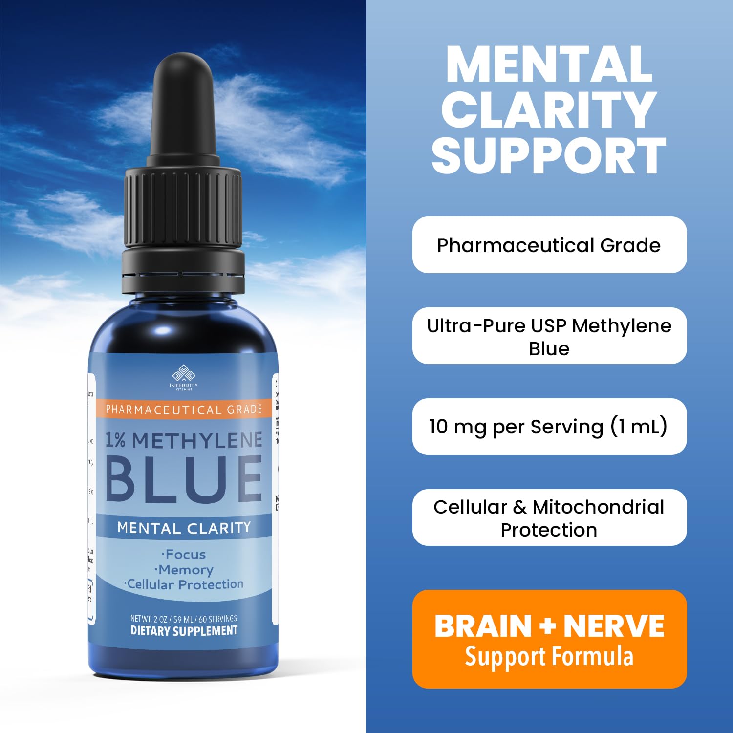 Integrity Vitamins Methylene Blue Drops dropper dispensing for accurate measurements in lab and wellness.