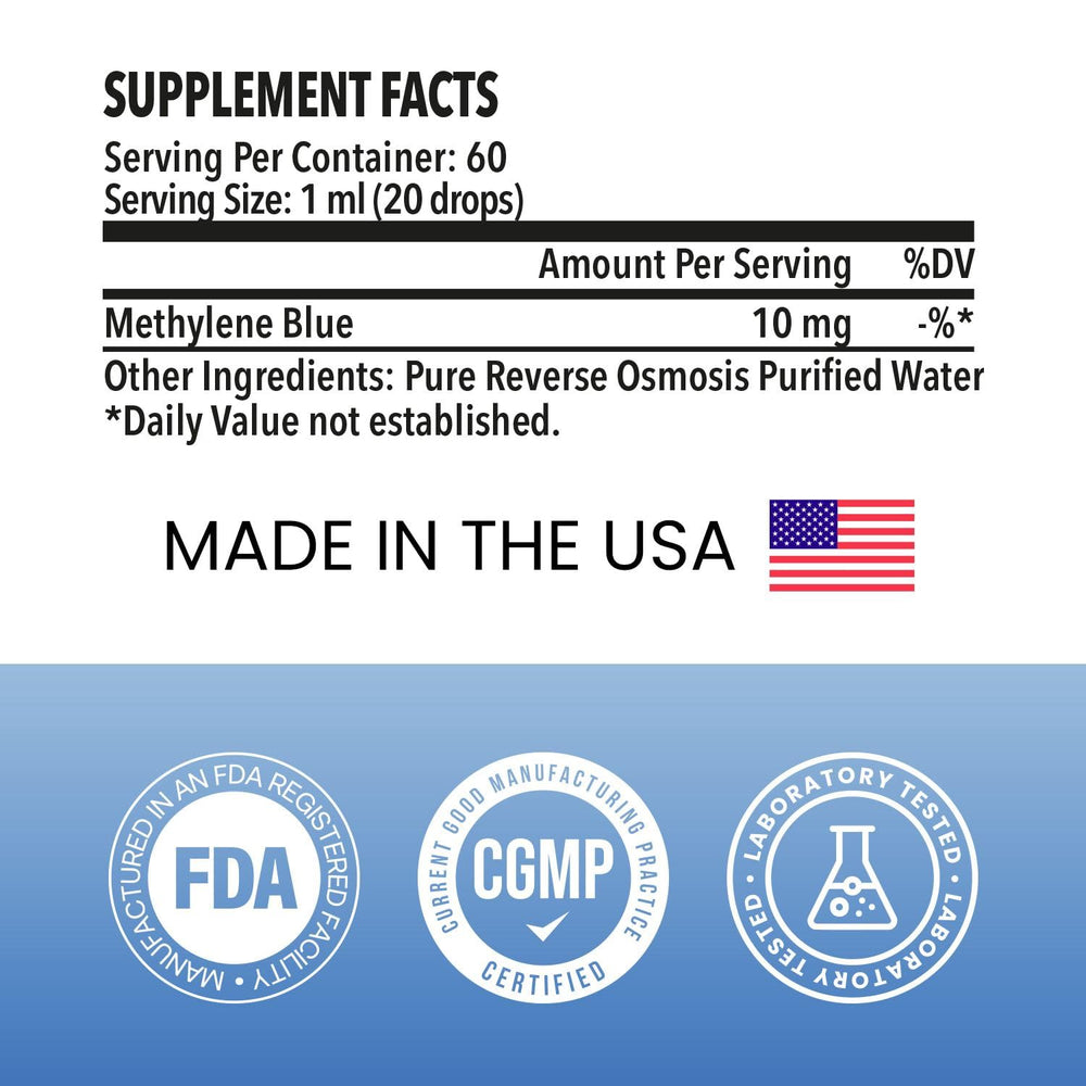 Integrity Vitamins Methylene Blue Drops lab label close-up showing tamper-evident provenance
