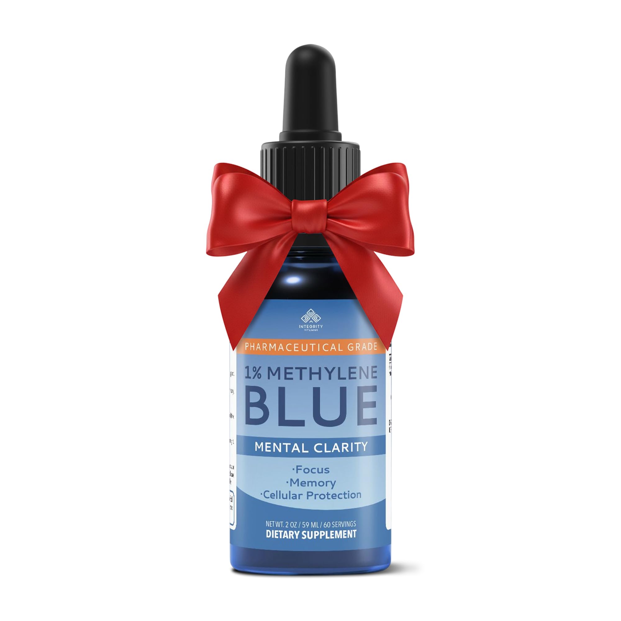 Integrity Vitamins Methylene Blue Drops 1% solution shown in water-base clarity.