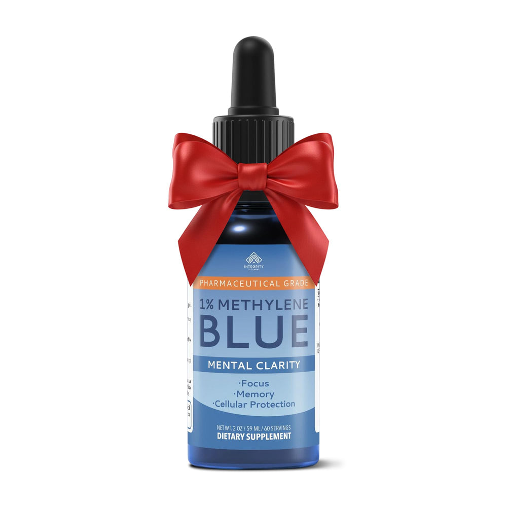 Integrity Vitamins Methylene Blue Drops 1% solution shown in water-base clarity.