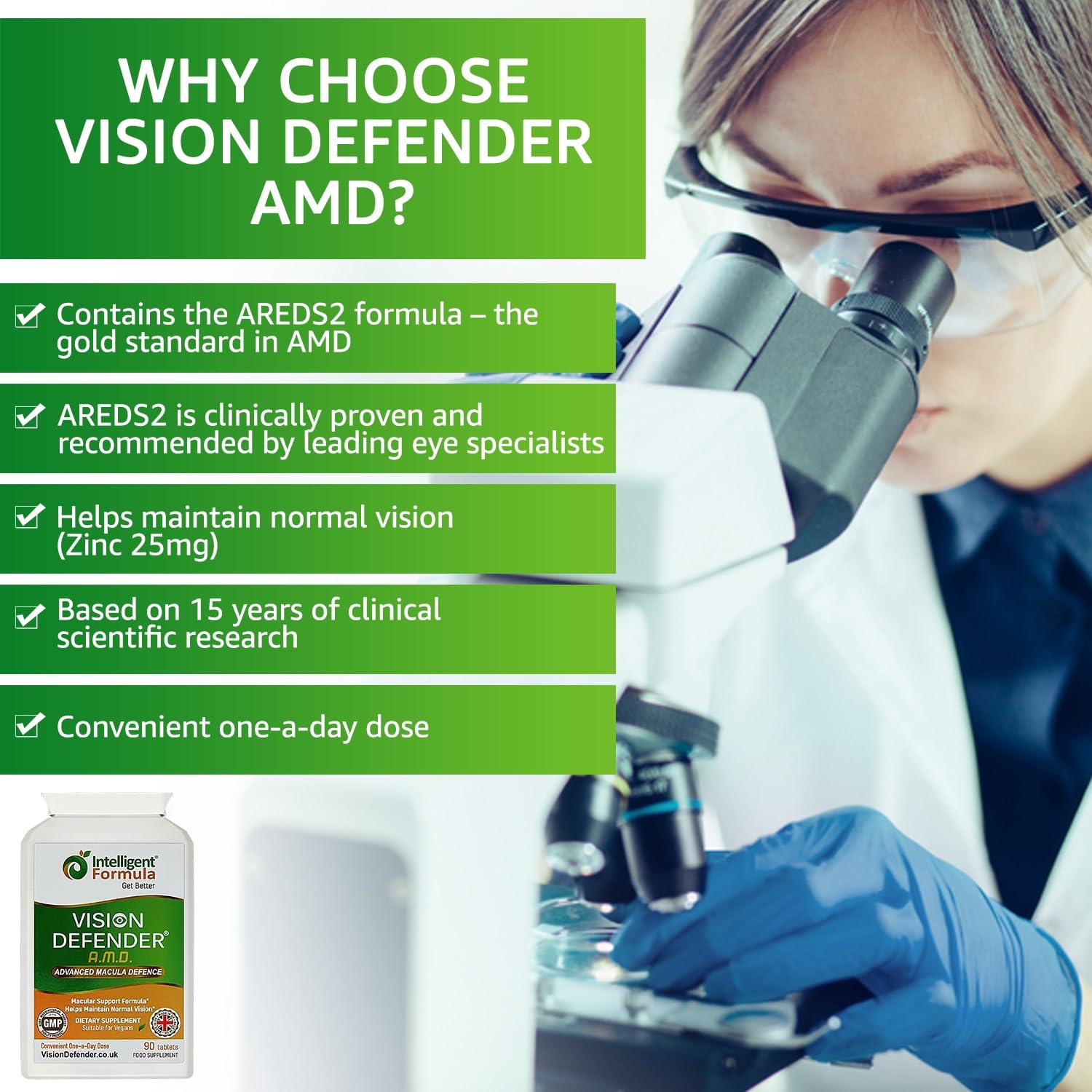 Vision Defender AREDS2 bottle front with clear labeling and vegan formula.