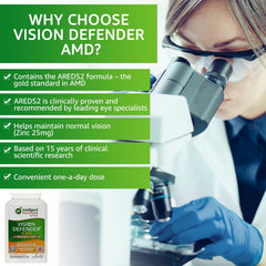 Vision Defender AREDS2 bottle front with clear labeling and vegan formula.