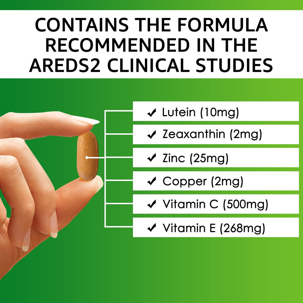 Close-up of Vision Defender AREDS2 bottle label highlighting AREDS2 ingredients.
