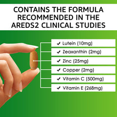 Close-up of Vision Defender AREDS2 bottle label highlighting AREDS2 ingredients.