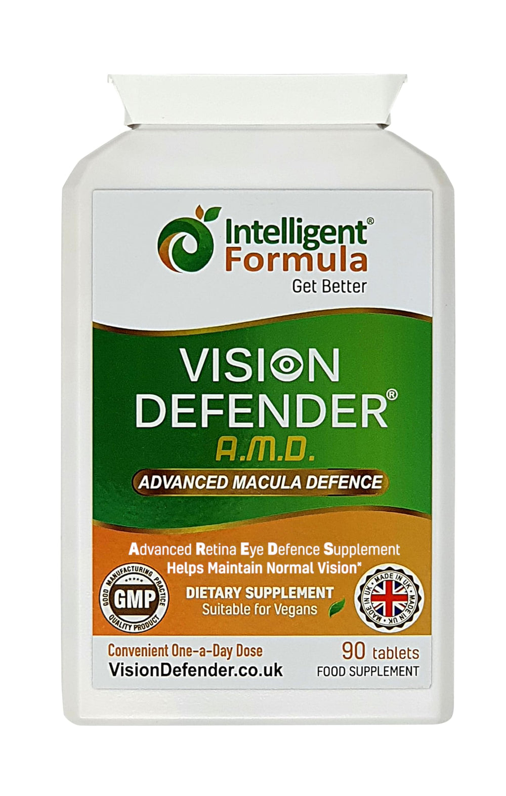 Intelligent Formula Vision Defender AREDS2 tablets on a clean surface for daily eye support.