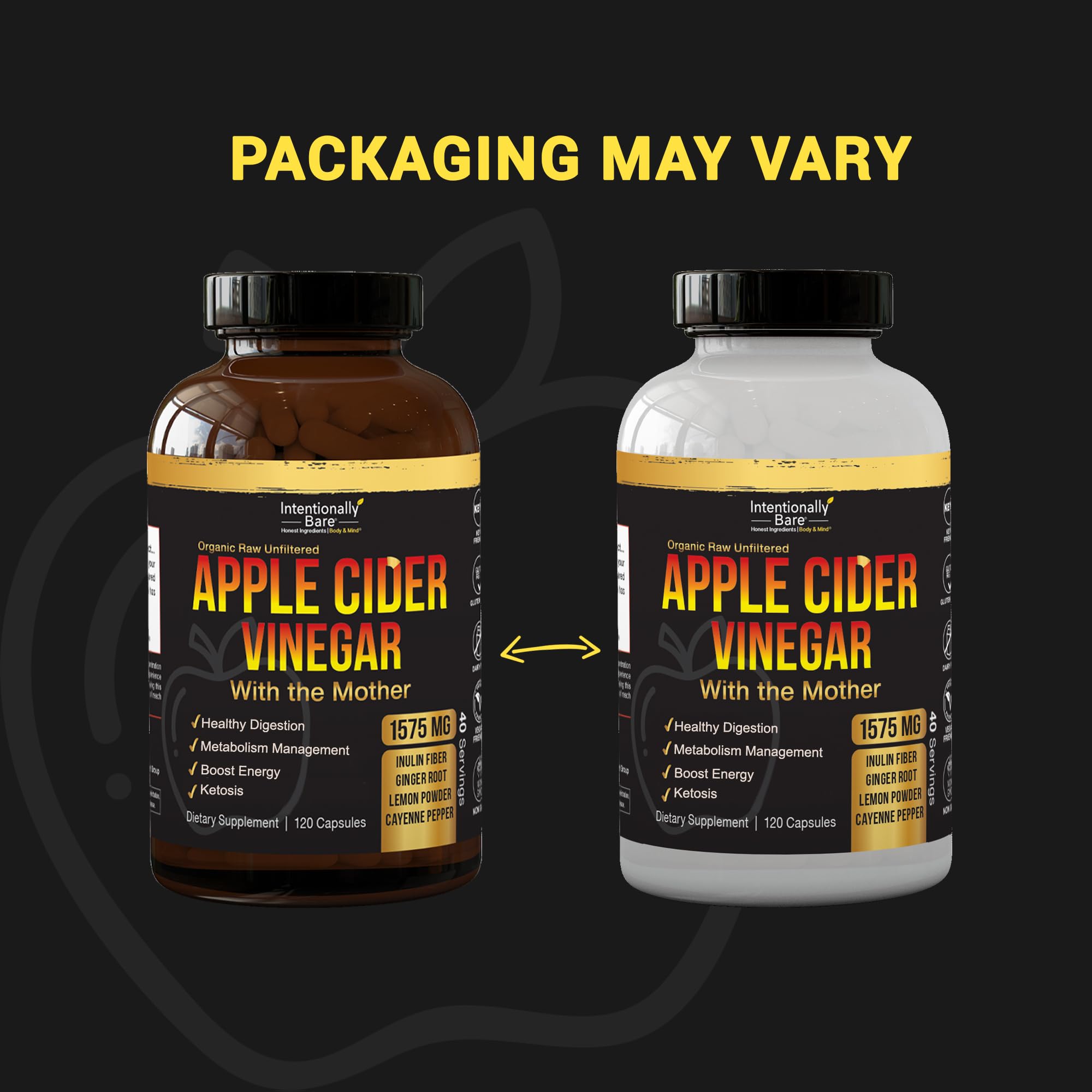 Intentionally Bare ACV capsules gluten-free packaging and label.