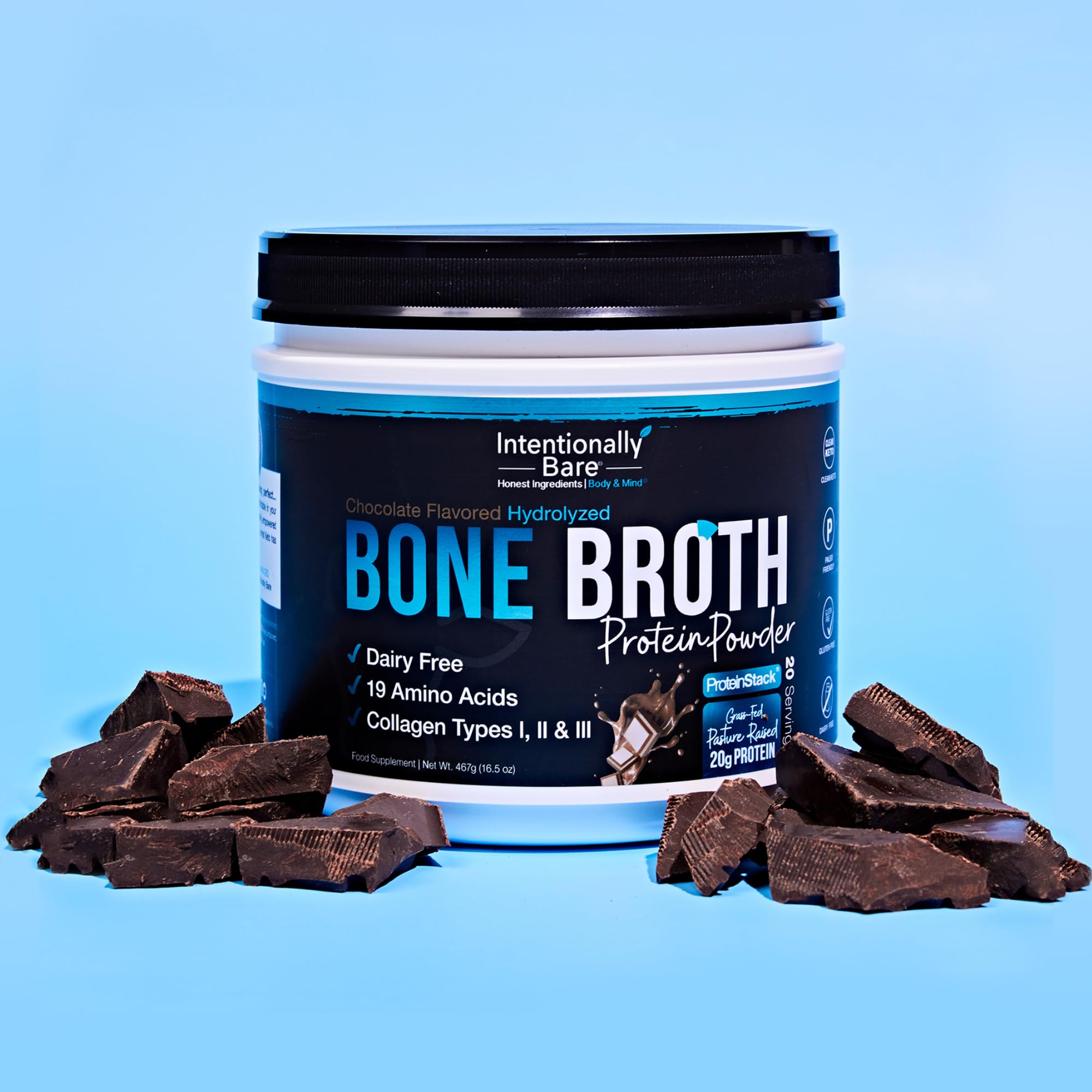 Glass of blended chocolate protein shake with Intentionally Bare bone broth powder