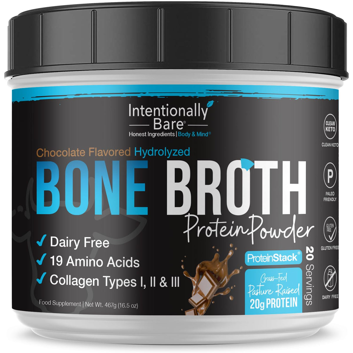 Intentionally Bare bone broth protein powder chocolate tub front view, dairy-free protein option