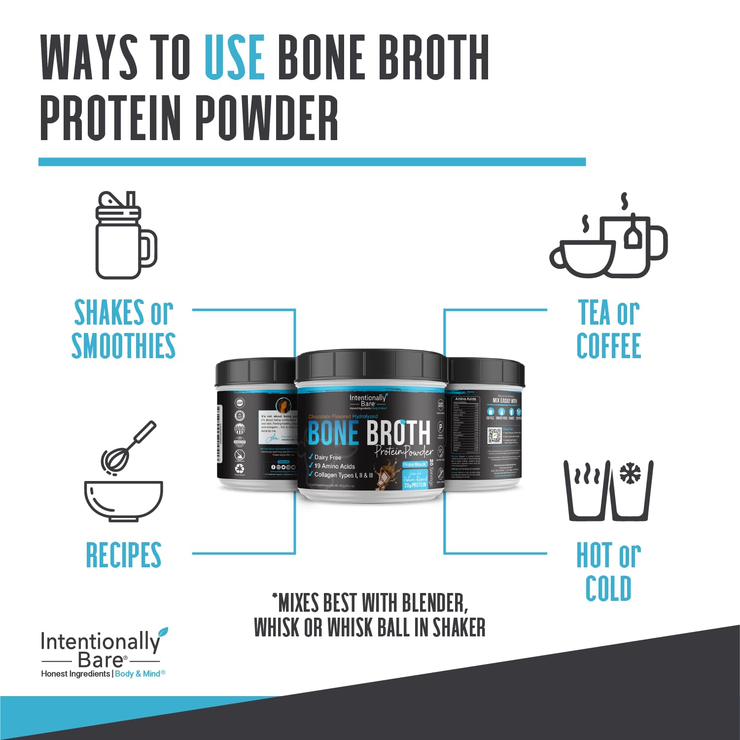 USA-made Intentionally Bare bone broth protein powder in BPA-free container