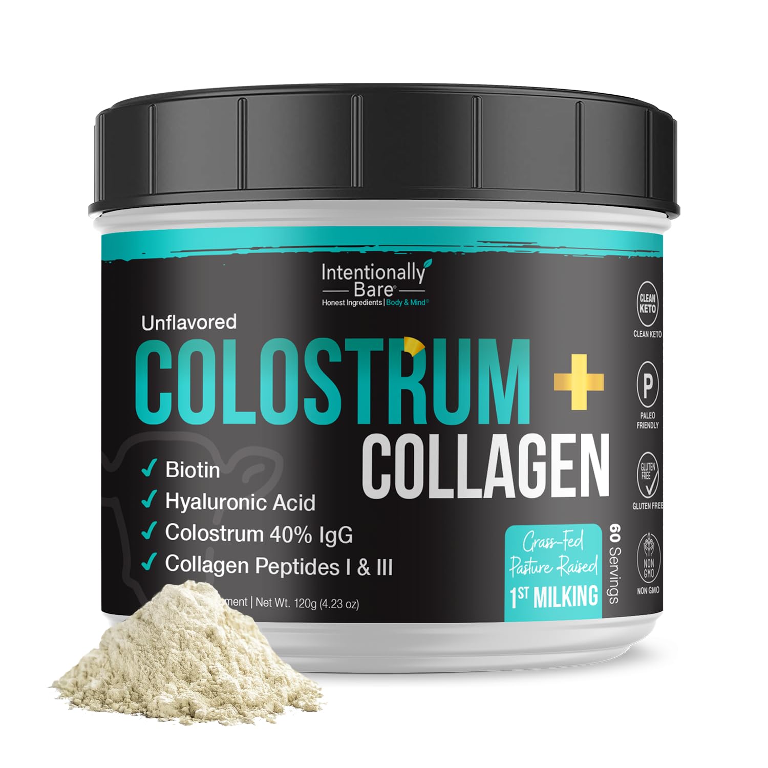 Intentionally Bare colostrum-collagen bottle pour supports daily wellness when added to beverages