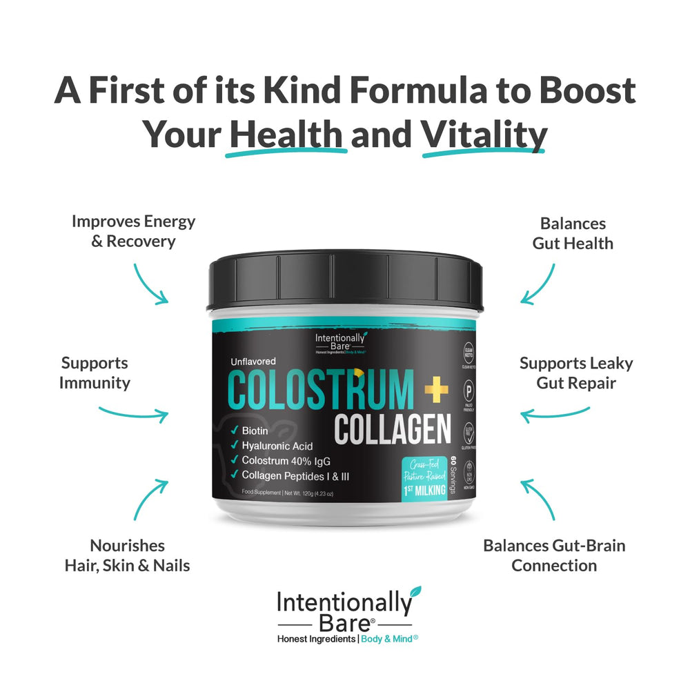 Intentionally Bare colostrum-collagen powder scoop dispense demonstrates easy measuring for recipes