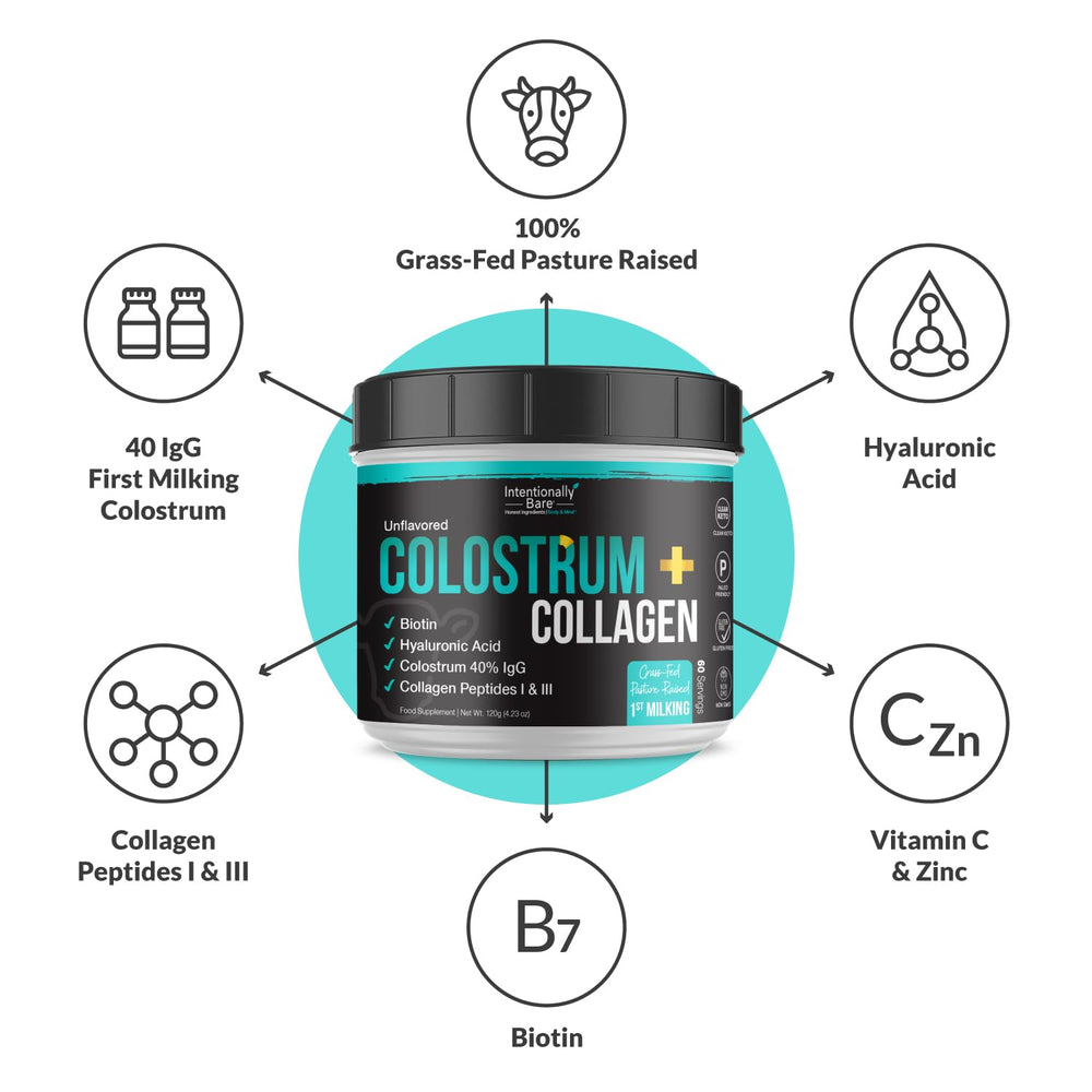 Intentionally Bare colostrum-collagen powder texture unflavored versatile for coffee or shakes