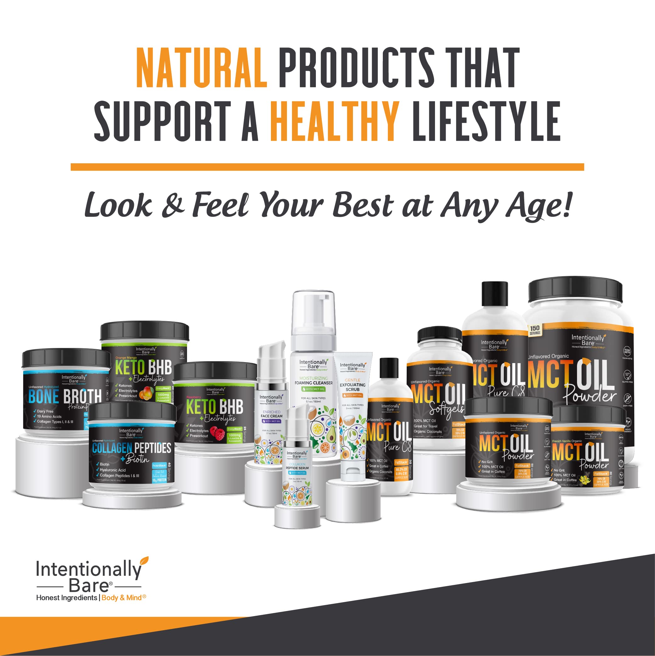 Intentionally Bare Organic MCT Capsules bottle closeup conveys premium coconut-derived energy.