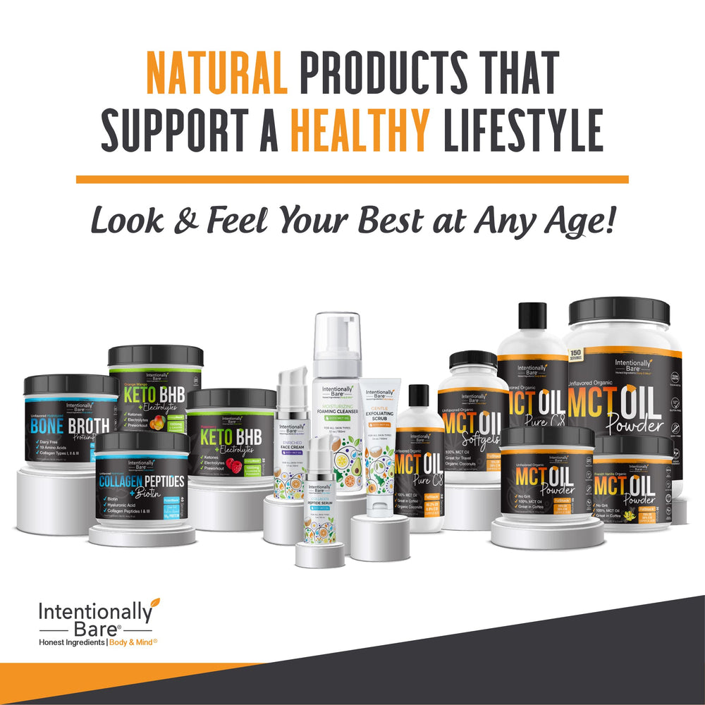 Intentionally Bare Organic MCT Capsules bottle closeup conveys premium coconut-derived energy.