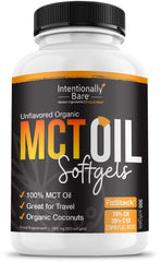Intentionally Bare Organic MCT Capsules bottle highlights the 70-30 blend for clean energy.