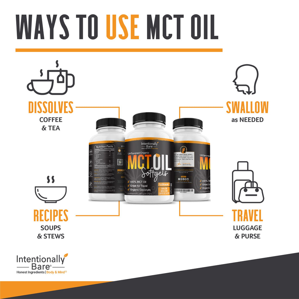 Intentionally Bare Organic MCT Capsules unflavored soft gels support convenient energy during workouts.