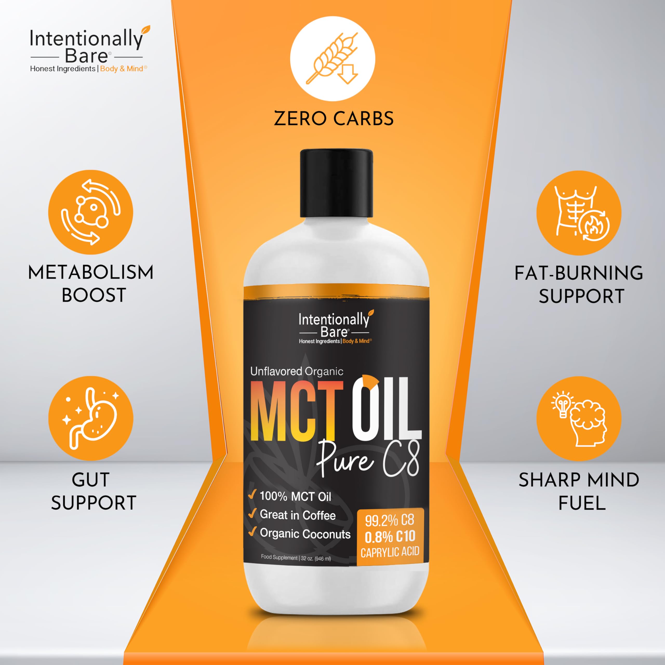 Intentionally Bare Pure C8 MCT Oil bottle closeup highlights quality and clarity