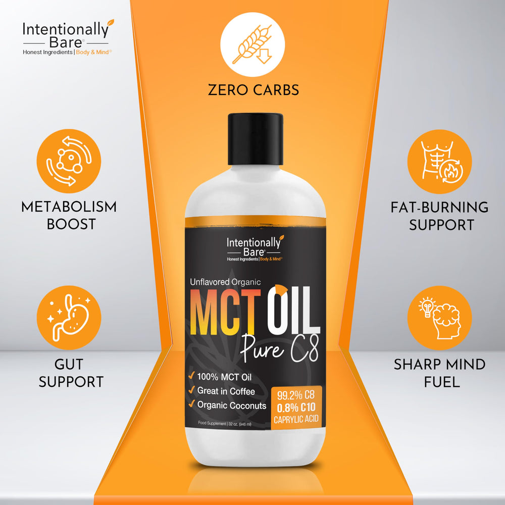Intentionally Bare Pure C8 MCT Oil bottle closeup highlights quality and clarity
