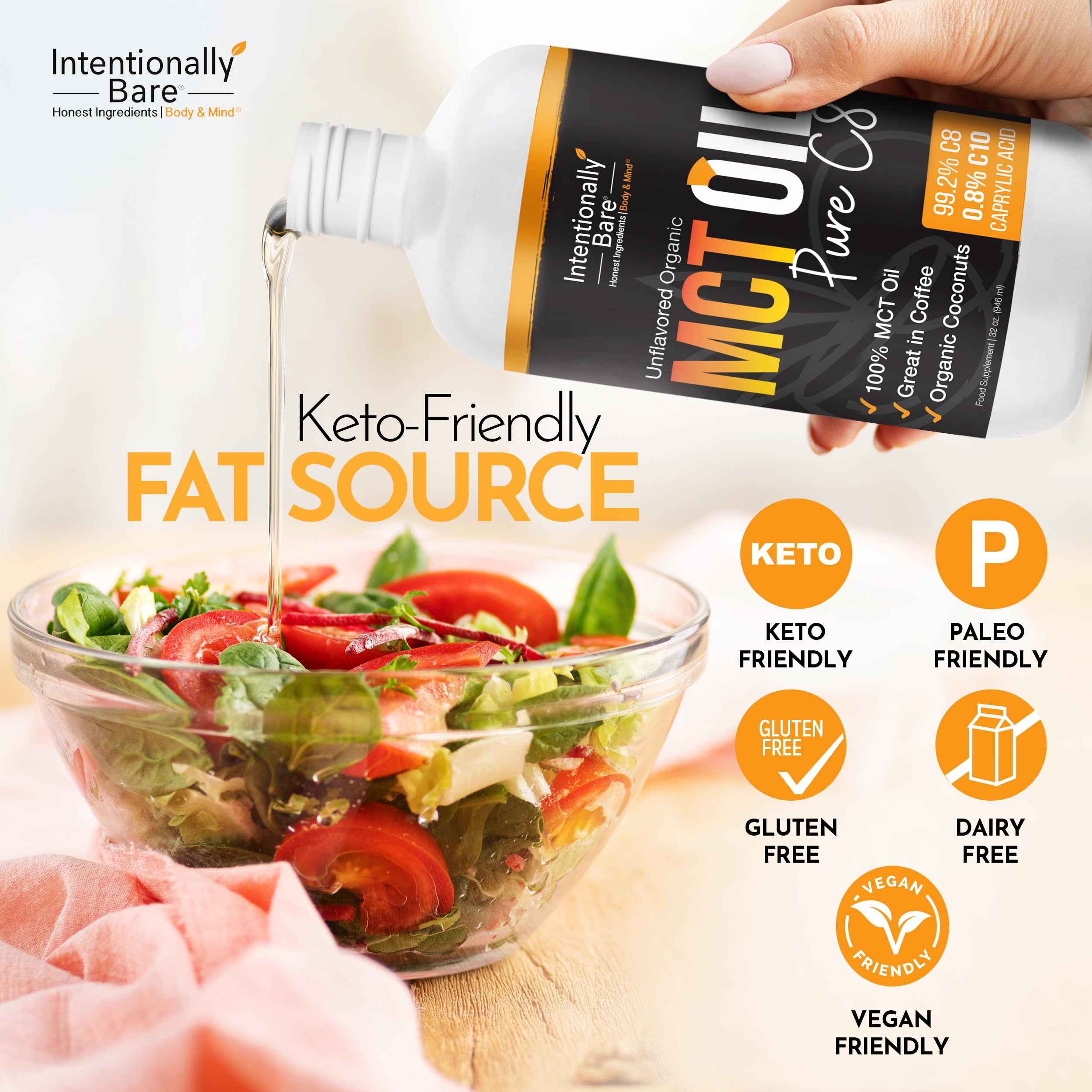 Intentionally Bare Pure C8 MCT Oil in salad dressing for keto-friendly nutrition