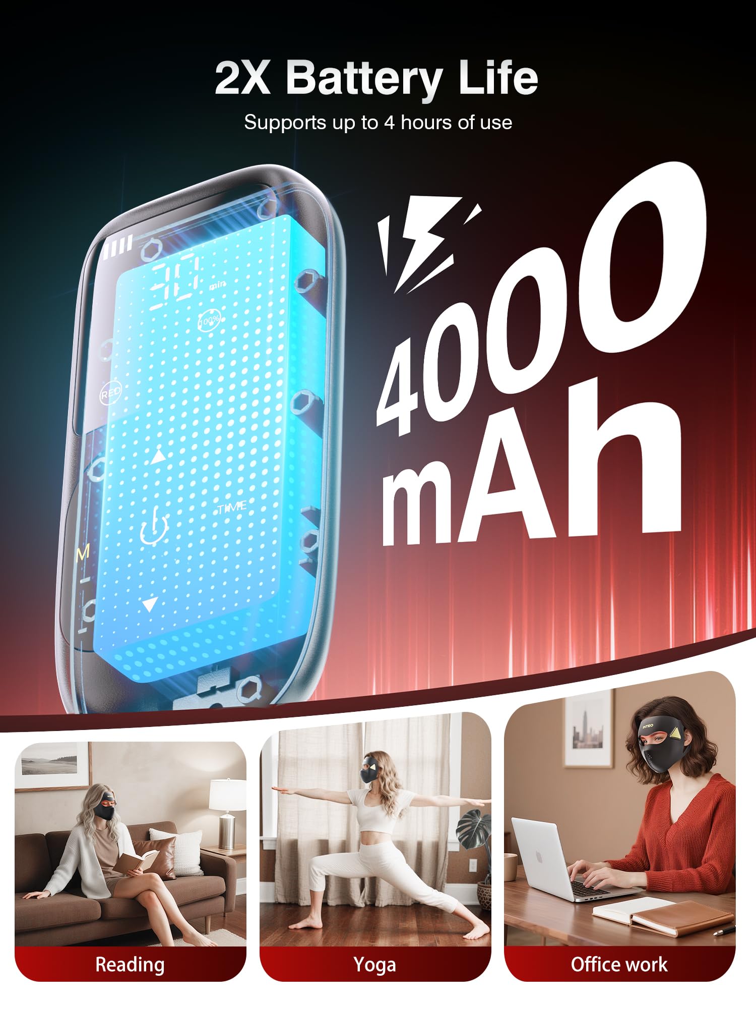 INTEO mask offers four light modes: red, infrared, blue, orange.