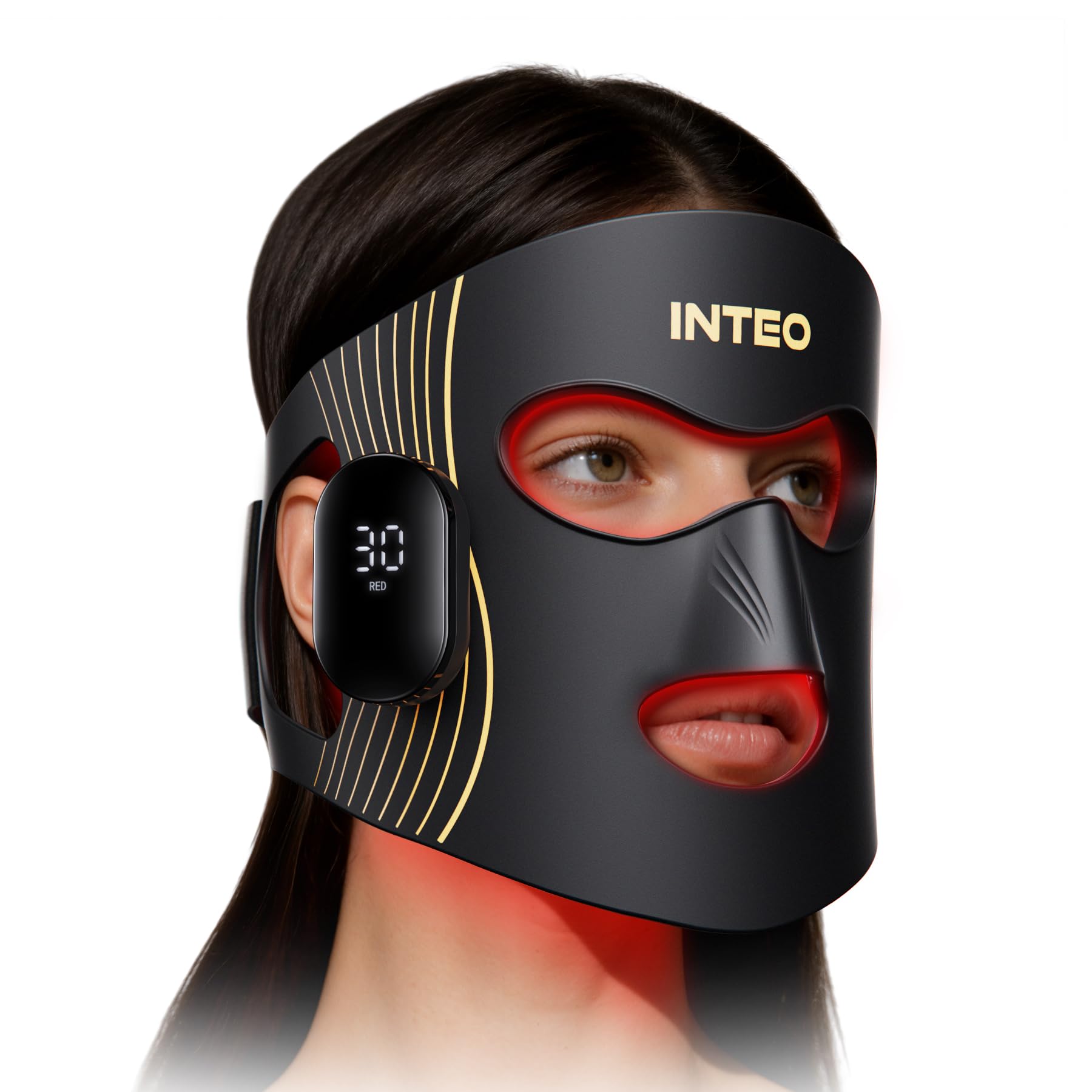 INTEO red light therapy mask shows 4 modes for at-home skincare routine.