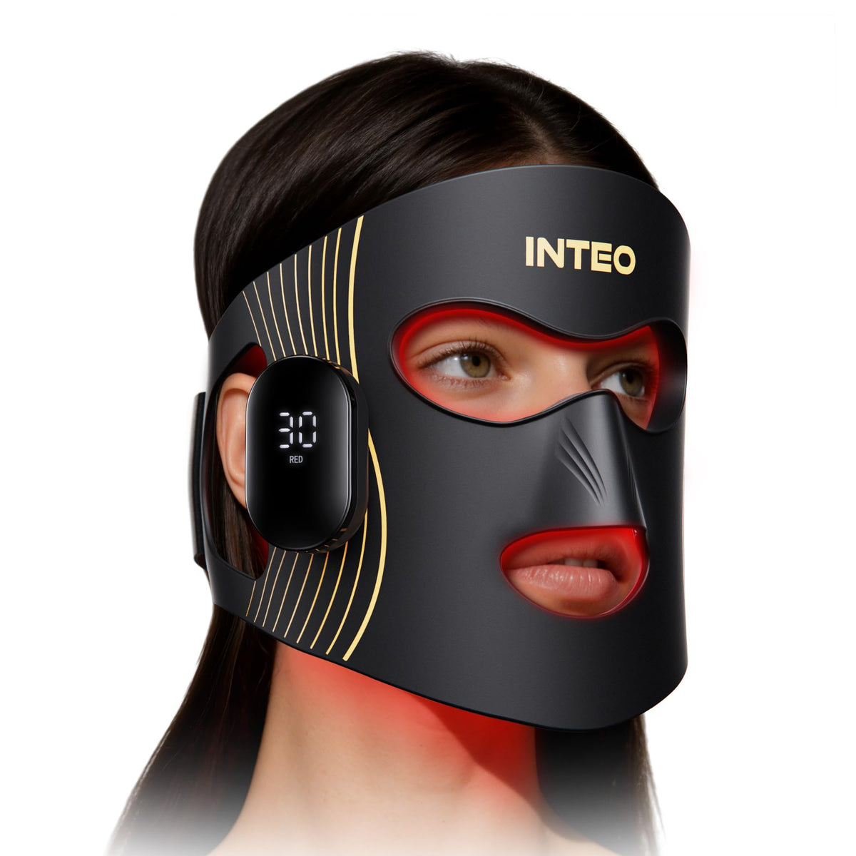 INTEO red light therapy mask shows 4 modes for at-home skincare routine.